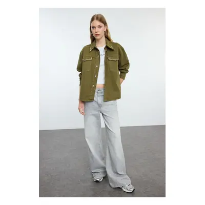 Trendyol Oversize Wide Fit Jacket with Khaki Collar and Stone Detail on the Pocket