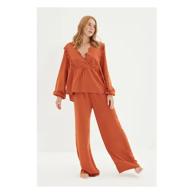 Trendyol Cinnamon Flower Embroidered Frilly Viscose Woven Pajamas Set