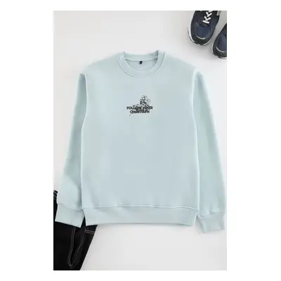 Trendyol Ice Blue Regular Cut Floral and Text Printed Inside Polar Fleece Sweatshirt