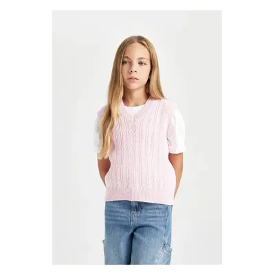 DEFACTO Girl Standard Fit V Neck Knitted Patterned Knitwear Sweater