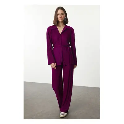 Trendyol Plum Pleated Relaxed/Comfortable Pattern Flexible Knitted Blouse/Pants Bottom-Top Set