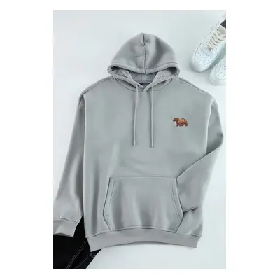 Trendyol Grey Oversize/Wide Cut Hooded Animal Embroidered Fleece Inside Sweatshirt