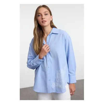 Trendyol Light Blue Oversize Wide Fit Woven Shirt with Embroidery Detail on the Hem