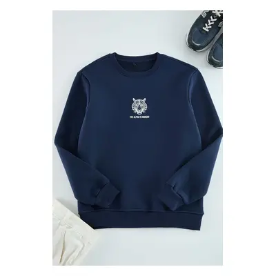 Trendyol Navy Blue Oversize/Wide Cut Animal Print Cotton Sweatshirt