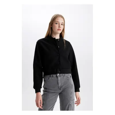 DEFACTO College Collar Basic Plain Snap Bomber Short Cashmere Jacket