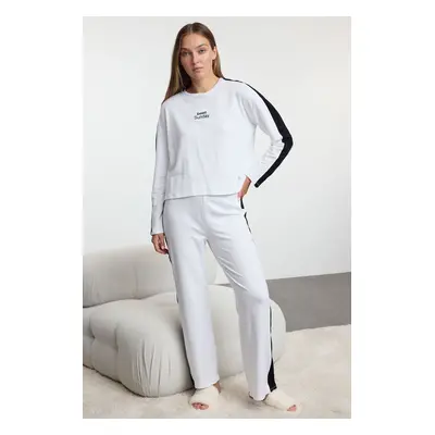 Trendyol White Cotton Slogan Striped Knitted Pajamas Set