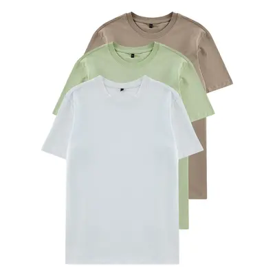 Trendyol Mink-Light Green-White Slim/Slim Cut Crew Neck 100% Cotton 3-Pack T-Shirt