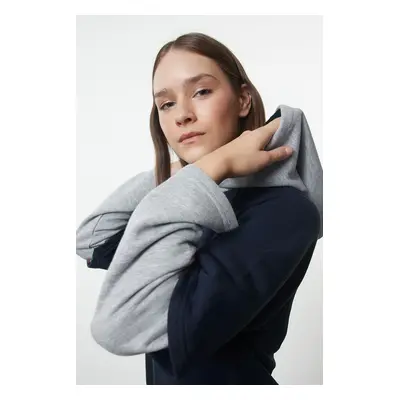 Trendyol Navy Blue Color Blocked Oversize/Wide Fit Hooded Sleeve Detailed Thick Knitted Sweatshi