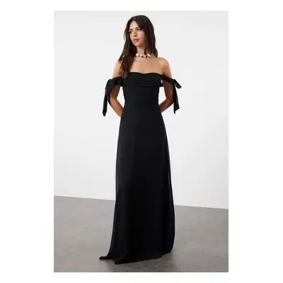 Trendyol Black A-Line Carmen Neck Woven Chiffon Elegant Evening & Graduation Dress