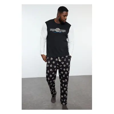 Trendyol Men's Black Regular Fit Printed Knitted Plus Size 100% Cotton Pajama Set