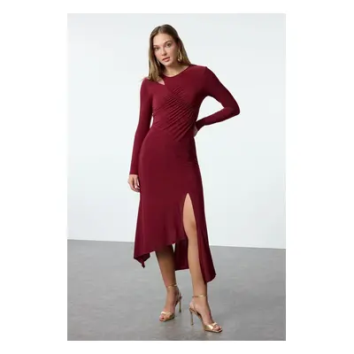 Trendyol Burgundy Asymmetrical Collar Spanish Sleeve Knitted Elegant Evening Dress