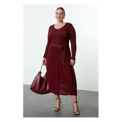 Trendyol Curve Burgundy Midi Length Skirt Pleated Woven Mix Knitwear Dress