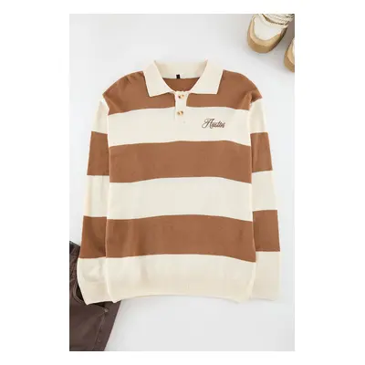 Trendyol Camel Casual Regular Polo Collar Color Block Knitwear Sweater