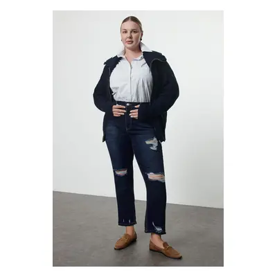 Trendyol Curve Navy Blue High Waist Ripped Detail Skinny Plus Size Jeans