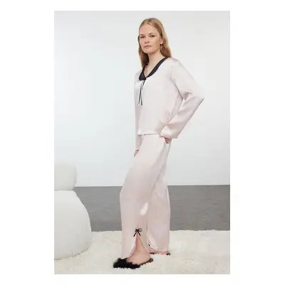 Trendyol Powder Ribbon/Bow and Slit Detailed Satin Woven Pajama Set