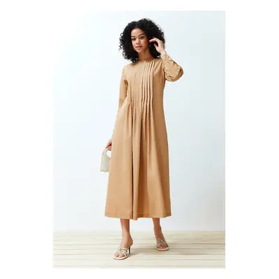 Trendyol Beige Pleated Detailed Comfort Woven Dress