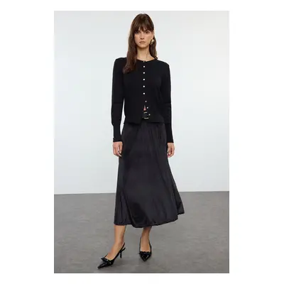 Trendyol Black Velvet Elastic Waist Flared Midi Skirt