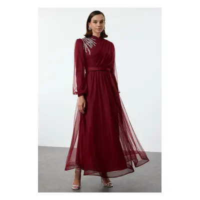 Trendyol Burgundy Stone Accessory Tulle Evening Dress