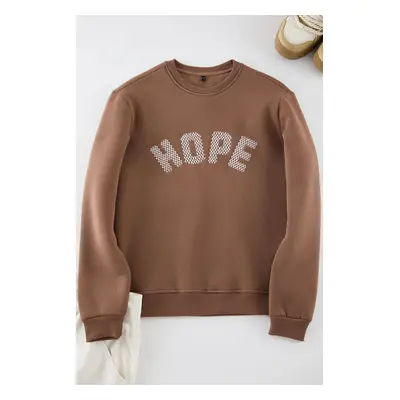 Trendyol Brown Oversize/Wide Cut Embroidered Fleece/Warm Hooded Sweatshirt