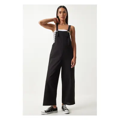 Happiness İstanbul Women's Black Strappy Thin Gabardine Summer Gardener Overalls