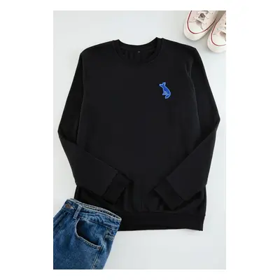 Trendyol Black Regular/Normal Cut Crew Neck Fox Patch Detail Sweatshirt