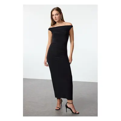 Trendyol Black Body-Sit Carmen Collar Knitted Elegant Evening Dress