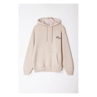 Trendyol Stone Oversize/Wide Cut Embroidered Fleece Inside Hooded Sweatshirt