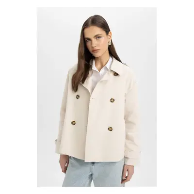 DEFACTO Water Repellent Short Seasonal Trench Coat Double Breasted Collar Buttoned Pockets Epaul