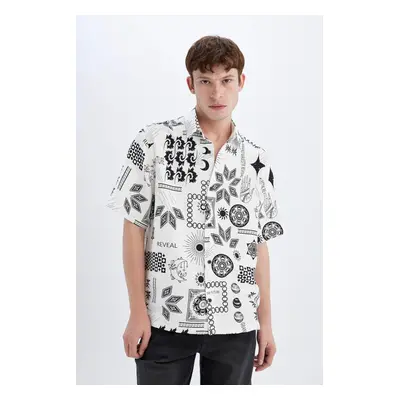 DEFACTO Relax Fit Printed Viscose Short Sleeve Shirt