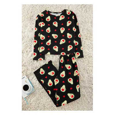 Trendyol Black 100% Cotton Avocado and Heart Patterned Knitted Pajama Set