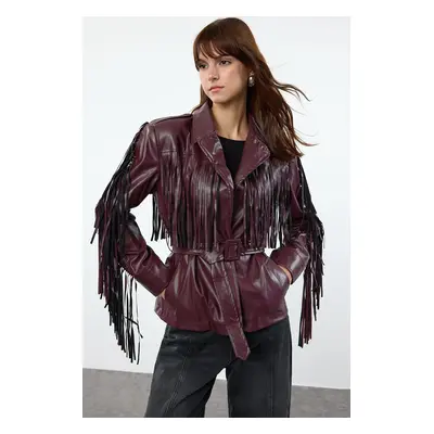 Trendyol Black Regular Fit Belted Tassel Detailed Faux Leather Coat