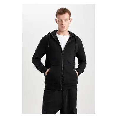 DEFACTO Black Regular Fit Hooded Soft Furry Inside Pocket Basic Plain Zipper Sweatshirt