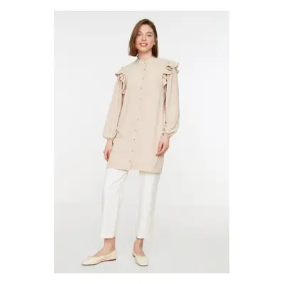 Trendyol Stone Ruched Collar Ruffle Detail Woven Shirt