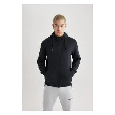 DEFACTO Regular Fit Hooded Soft Furry Inside Pocket Basic Plain Zipper Sweatshirt