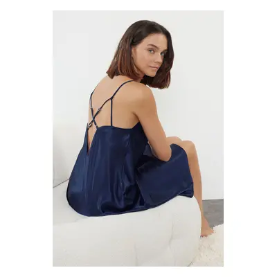 Trendyol Navy Blue Back Detailed Rope Strap Cowl Neck Satin Woven Nightgown