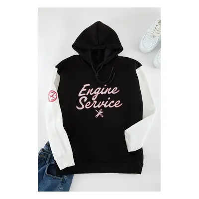 Trendyol Black Oversize/Wide Cut Text Embroidered Color Block Hooded Fleece Inside Sweatshirt