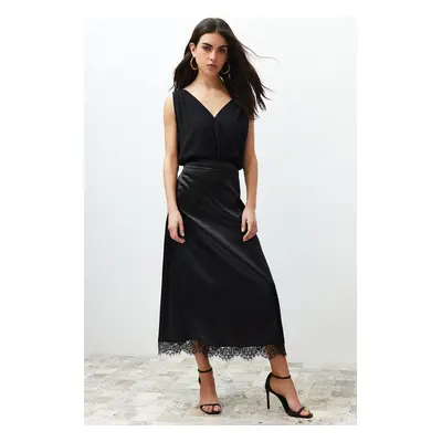 Trendyol Black Satin Hem Lace Detailed Midi Length Woven Skirt