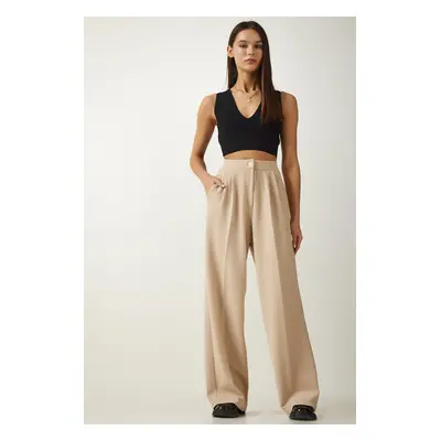 Happiness İstanbul Women's Cream Pleated Palazzo Trousers