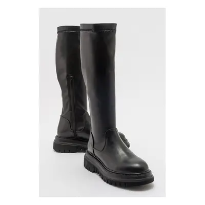 LuviShoes HENİN Black Stretch Women's Knee High Flat Boots