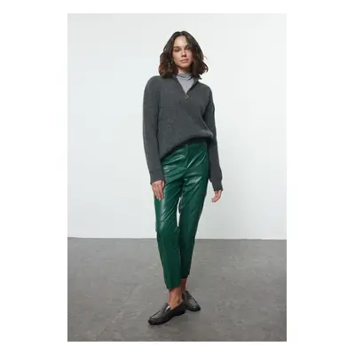 Trendyol Green Faux Leather Cigarette Zippered Woven Trousers