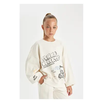 DEFACTO Girl Oversize Wide Pattern Crew Neck Teddy Bear Printed Sweatshirt