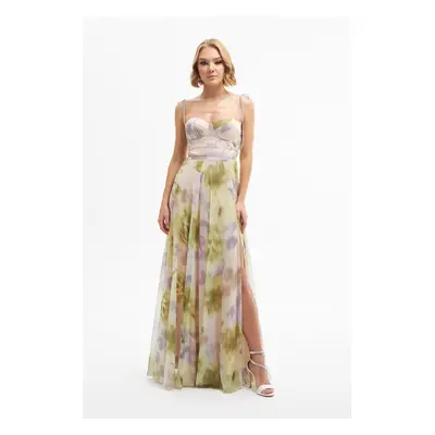 Carmen Pistachio Green Printed Slit Long Evening Dress