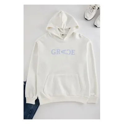 Trendyol Ecru Unisex Oversize/Wide Cut Denim Slogan Patched Hooded Sweatshirt