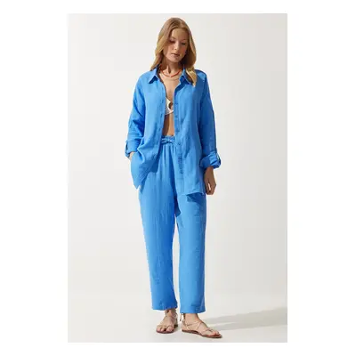 Happiness İstanbul Women's Sky Blue Oversize Muslin Shirt Pants Suit