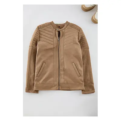 Trendyol Camel Slim Fit Suede Winter Biker Wind and Water Resistant Coat Jacket