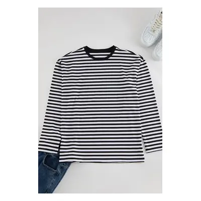 Trendyol Black Oversize/Wide Cut Striped Crew Neck Long Sleeve Cotton T-Shirt