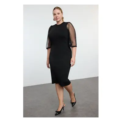 Trendyol Curve Black Sleeves Tulle Midi Length Knitwear Dress