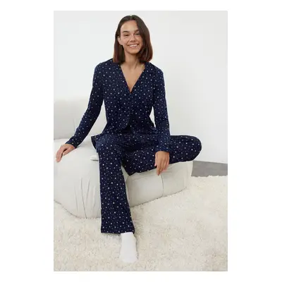 Trendyol Navy Blue 100% Cotton Galaxy Patterned Knitted Pajamas Set