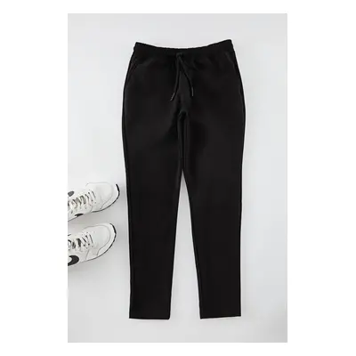 Trendyol Black Slim Fit Elastic Waist Tied Suede Trousers