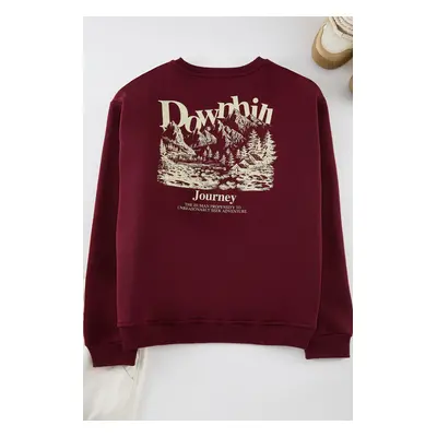 Trendyol Claret Red Oversize/Wide Cut Embroidered Front Printed Back Fleece Inside Sweatshirt